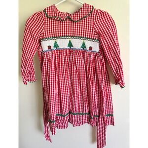 Marmellata Girls Red Gingham Smocked Christmas Tree Dress Size 5 Holiday Cotton
